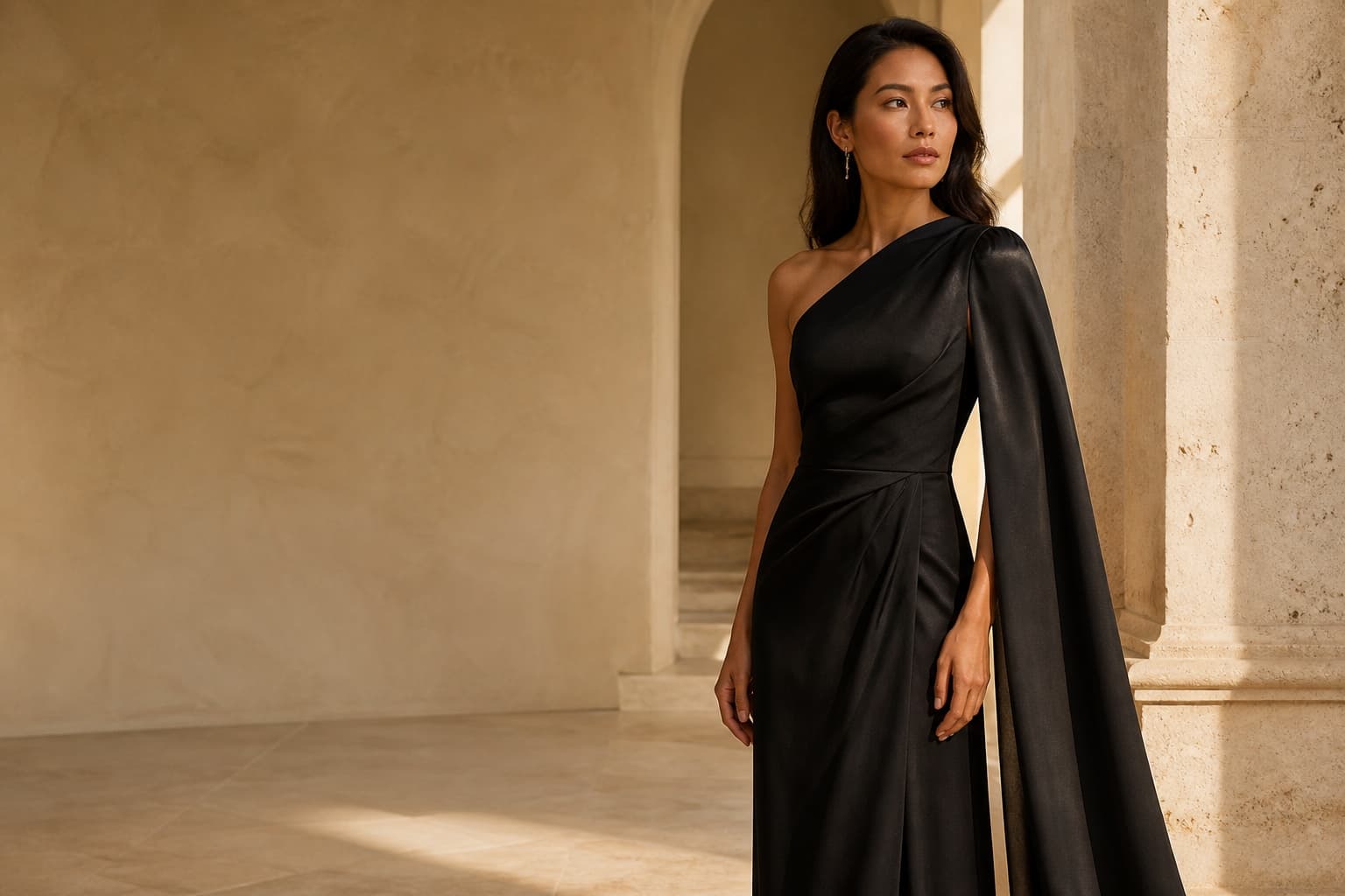 Woman in a sculptural black gown standing in a sunlit stone interior