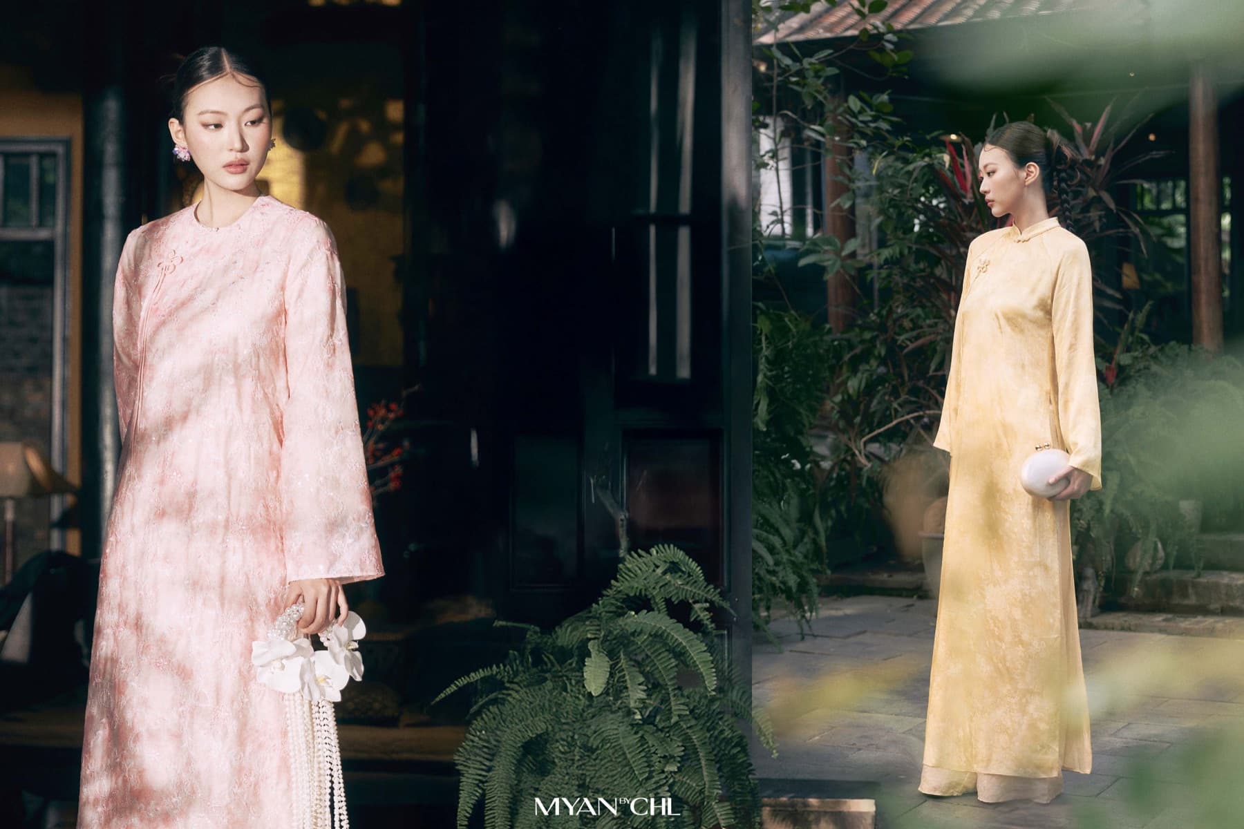 Two women wearing pink and yellow áo dài from the MYAN Tứ Diệp collection