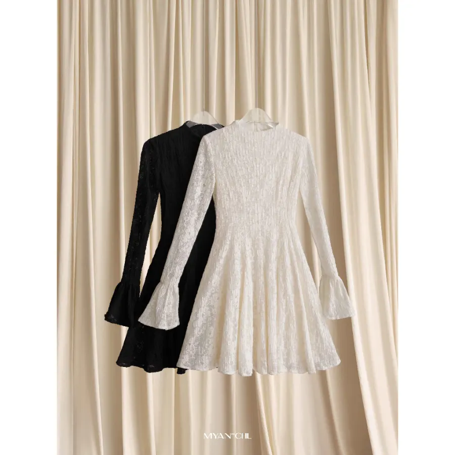 Long-Sleeve Flared Lace Dress in Black