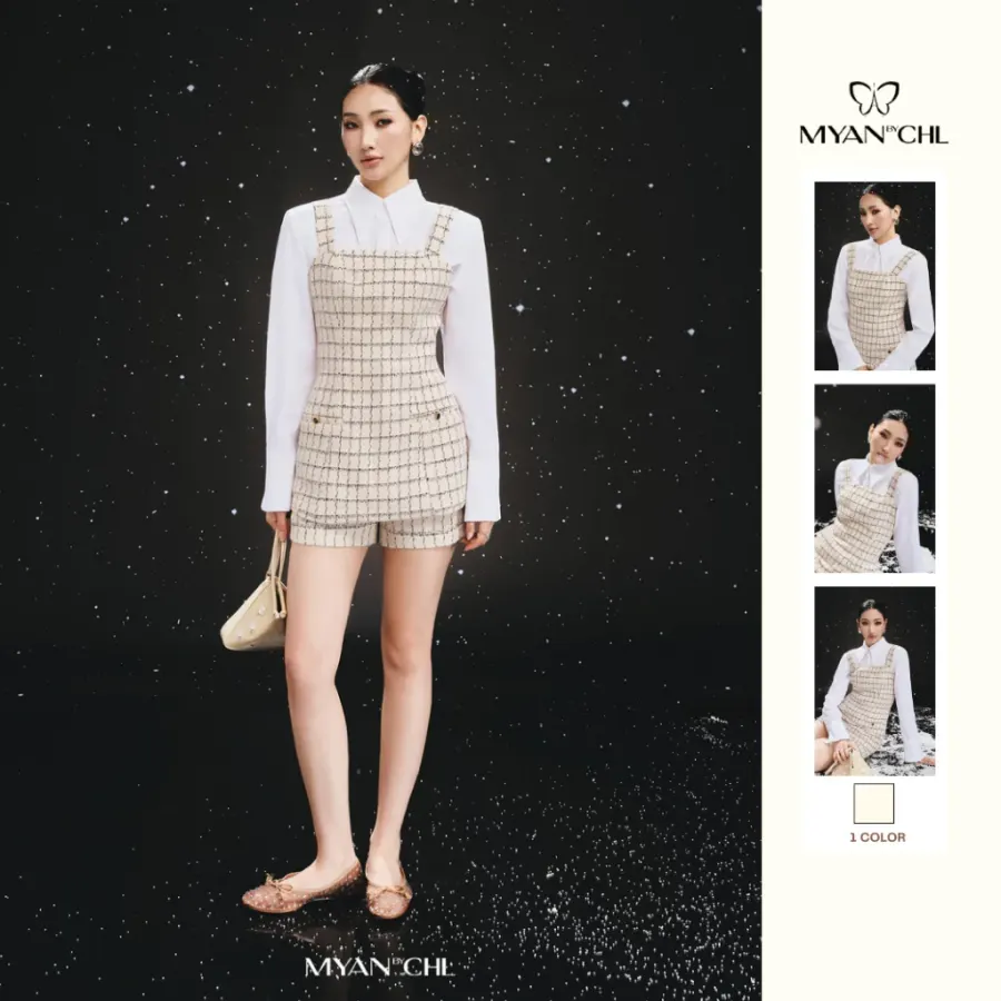 Fitted Spaghetti-Strap Tweed Top in Cream