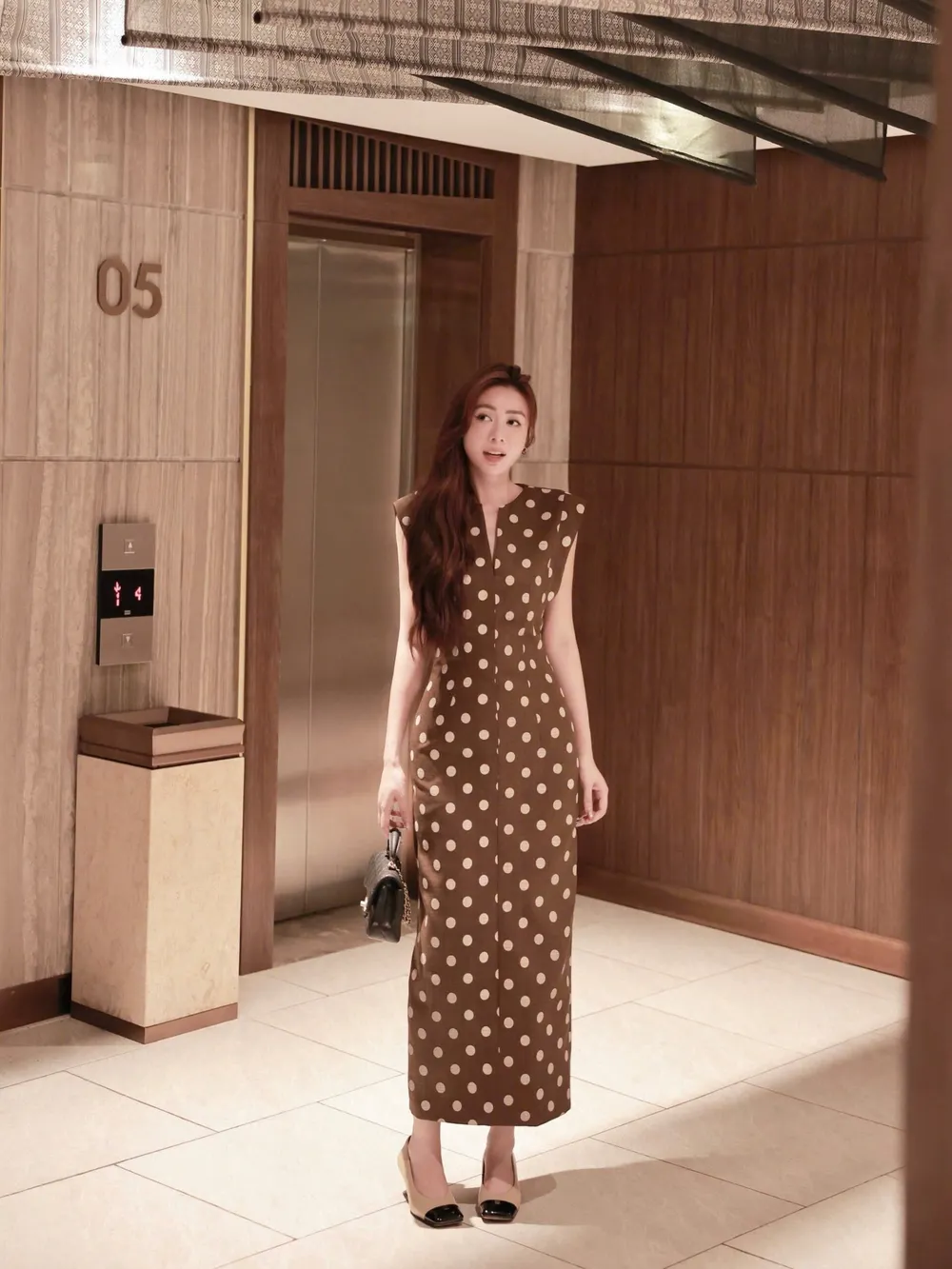Backless V Neck Polka Dot Dress with Buckle Belt — original E.MOL photograph 1