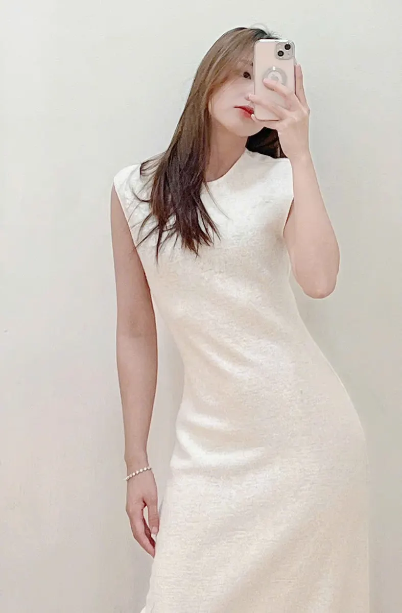 Era Wool Long Dress in Beige White — original WHITE ANT photograph