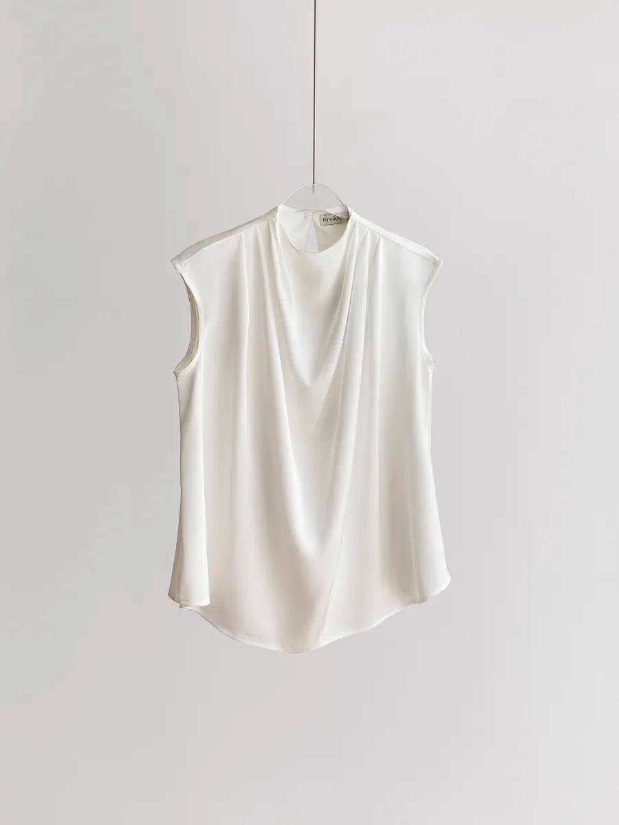 Sleeveless Top with Pleated Shoulders in White