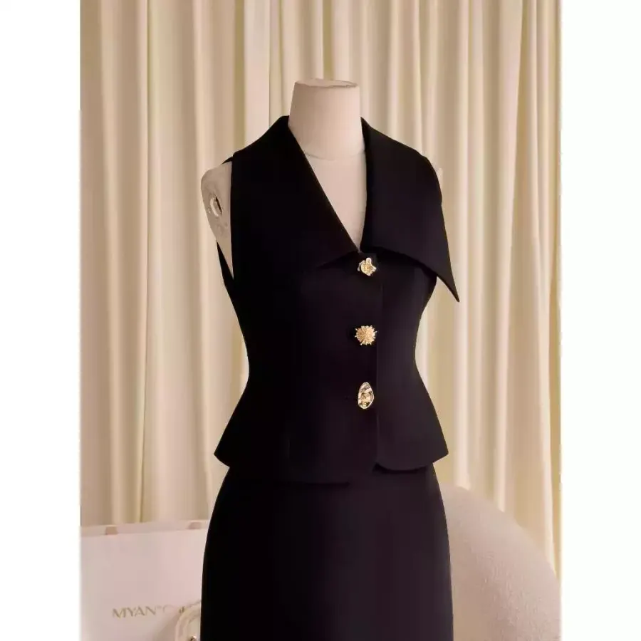 Wide-Lapel Tailored Vest with Metal Buttons in Black