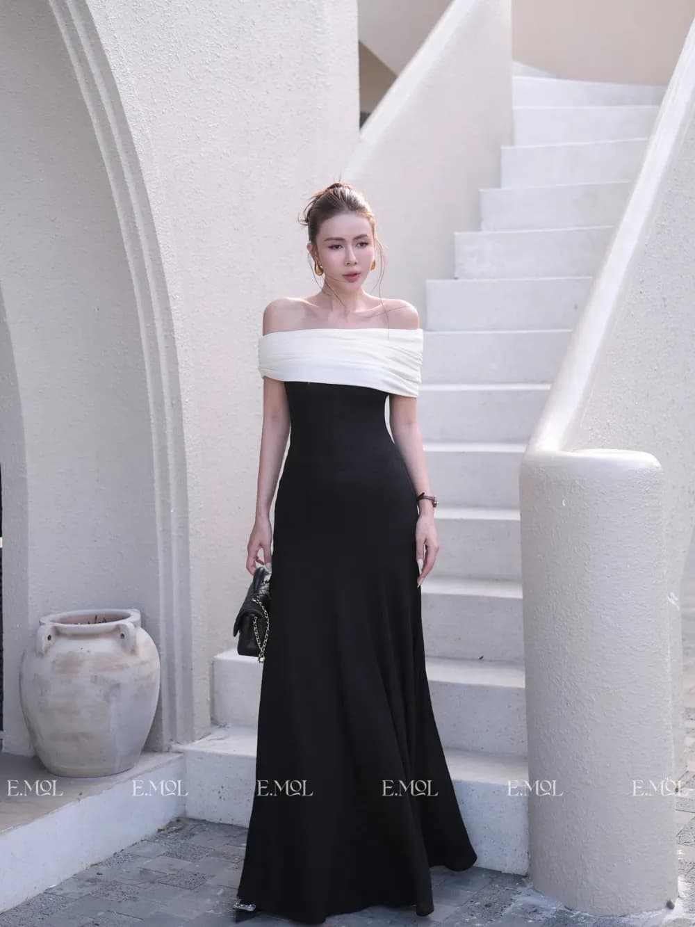 Long Black Off-The-Shoulder Dress with Cream — original E.MOL photograph 1