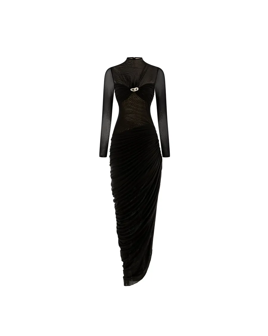 Long-Sleeve Ruched Bust Asymmetric Dress — original MOLLYNISTA photograph 1