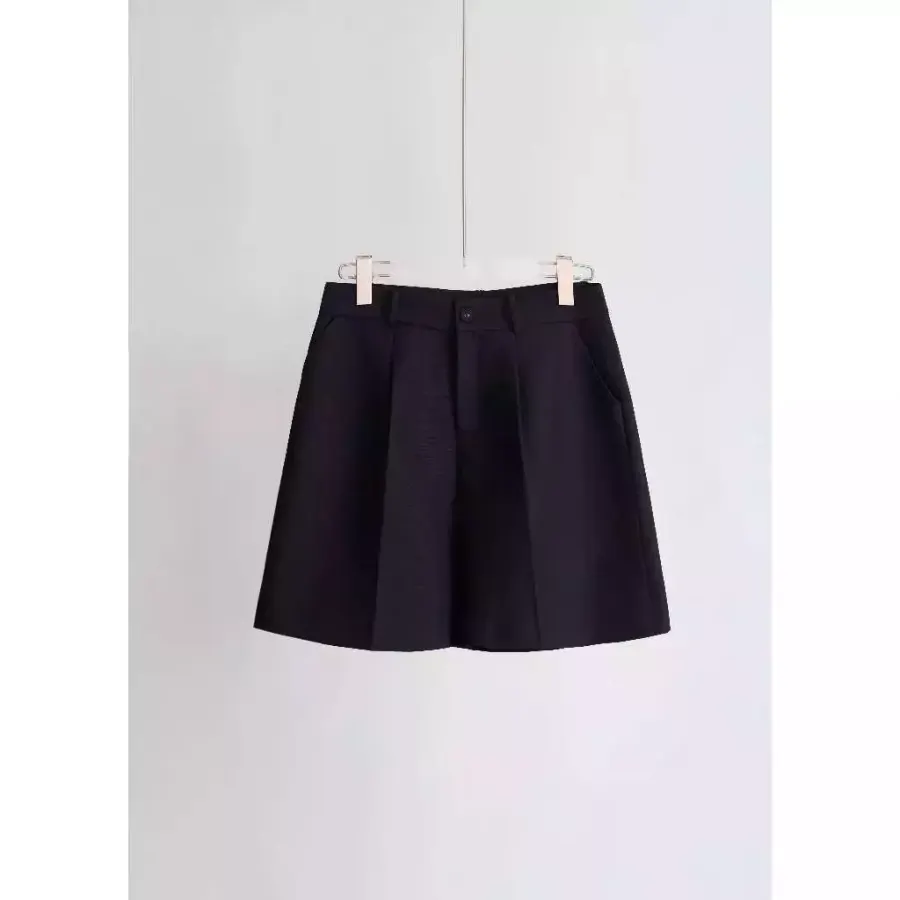 Single-Pleat Shorts with Covered Statement Buttons in Black