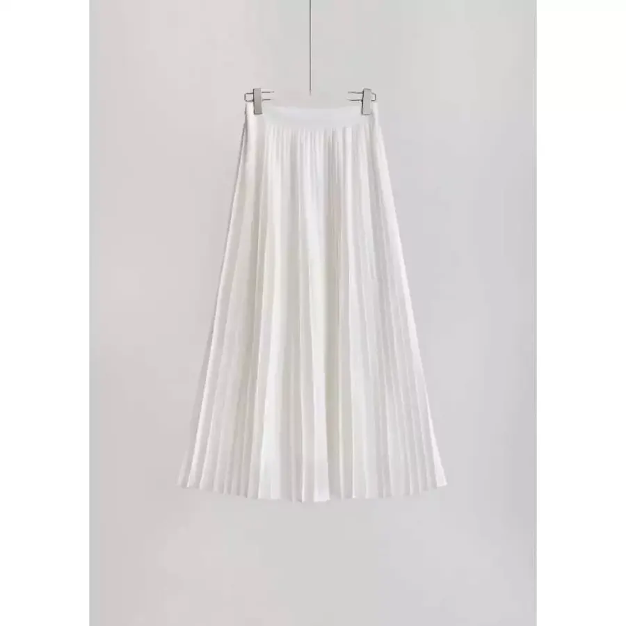 Long Pleated Silk Skirt in White