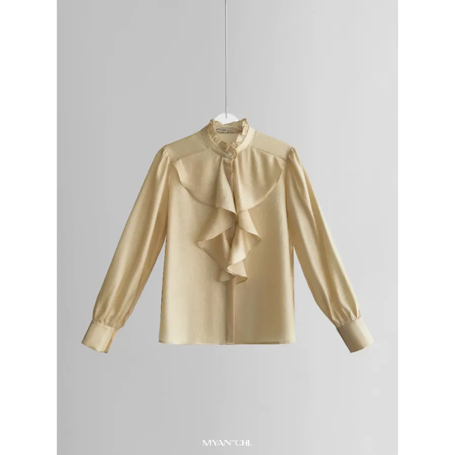 Long-Sleeved Silk Shirt With Ruffles Down The Front in Yellow