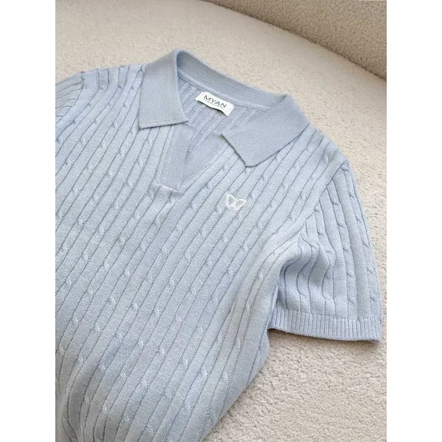 Lightweight Polo-Neck Sweater with Butterfly Embroidery in Blue