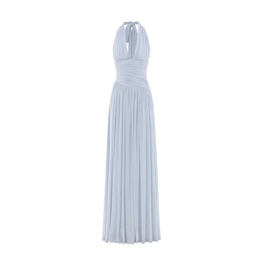 Ruched Stretch Mesh Maxi Dress With Neck Bow — original MOLLYNISTA photograph 1
