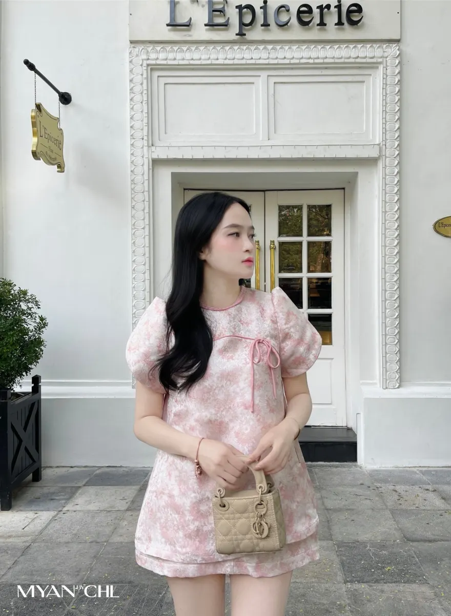 A-Line Brocade Top with Bust Bow in Pink