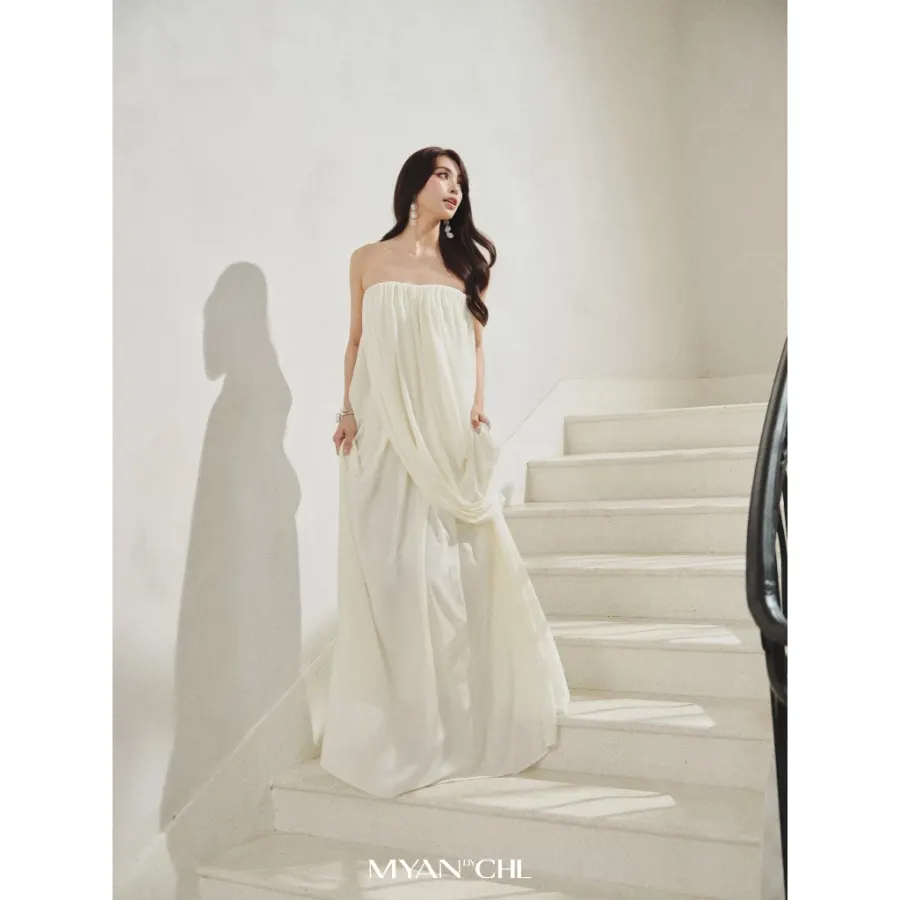 Strapless Pleated Bustier Dress in Cream