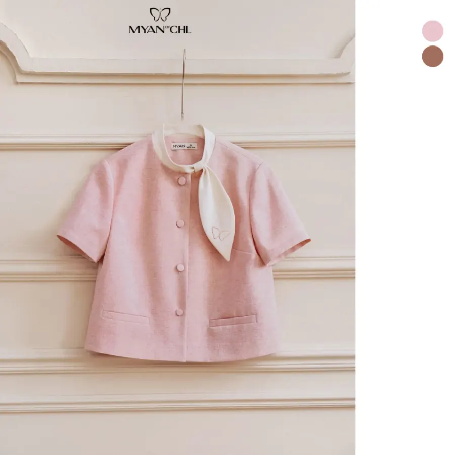 Short-Sleeve Shirt with Asymmetric Bow Collar in Pink