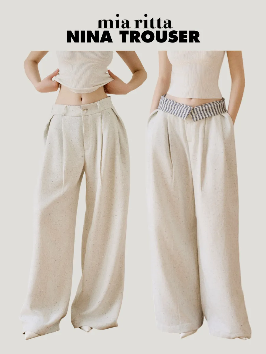 Nina Trousers Wide-Leg Pants Q414 - White Felt Pants with Flip-Up Waist - Wide-Leg Pants with 2 Types Of Waistband — original MIARITTA photograph 1