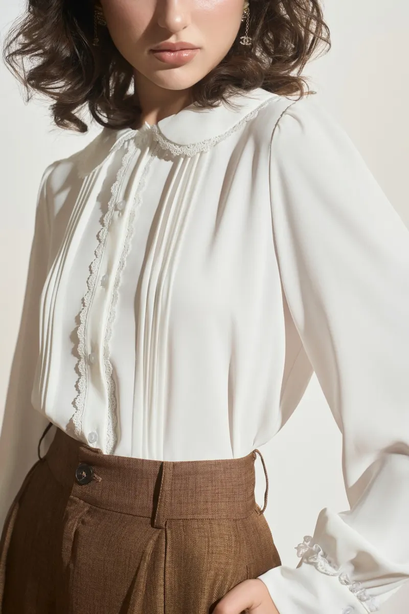 Long-Sleeve Silk Shirt with Vertical Pleats and Lace in White