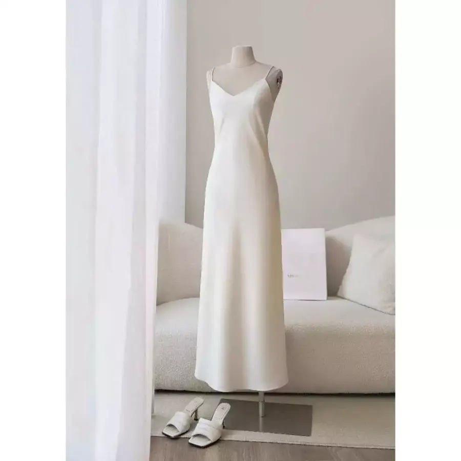 Silk Dress With Two Straps and Long Sweetheart Neckline in Black