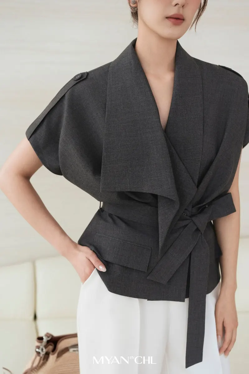 Stylized Shawl Collar Shirt With Straps in Grey
