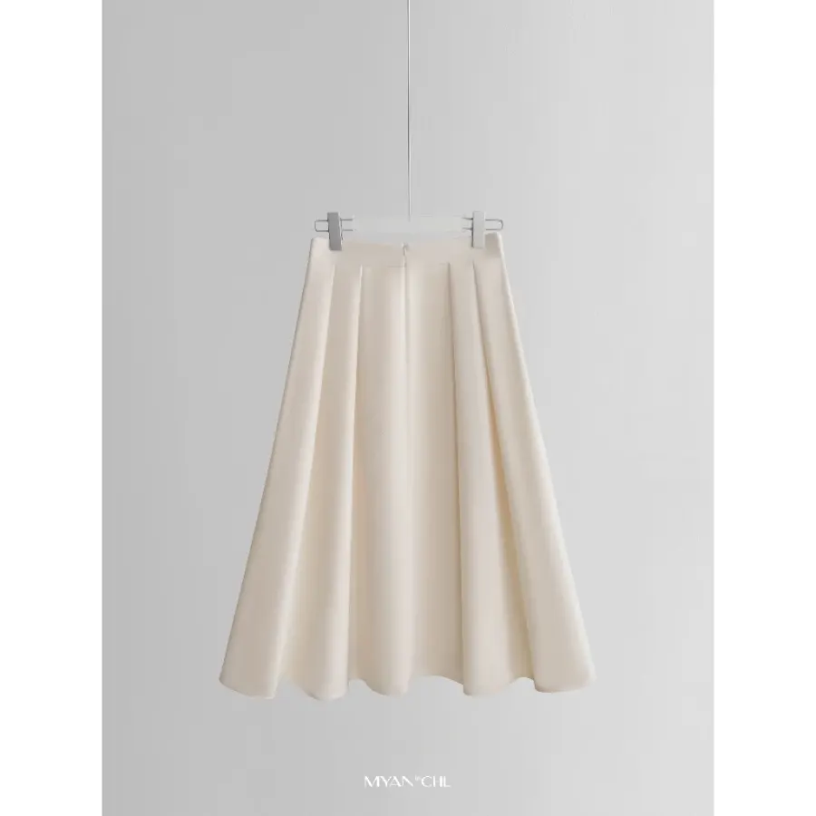 Long Flared Pleated Skirt in Cream