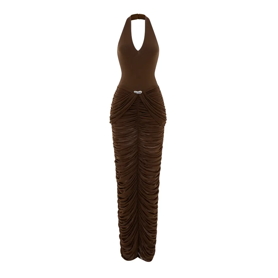 Deep V-Neck Jersey Dress With Ruched Mesh Draping — original MOLLYNISTA photograph 1