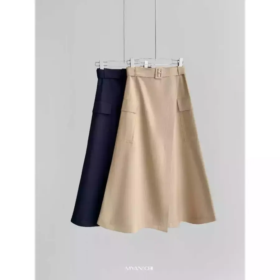 Long Khaki Skirt with Angled Panel and Detachable Belt in Beige
