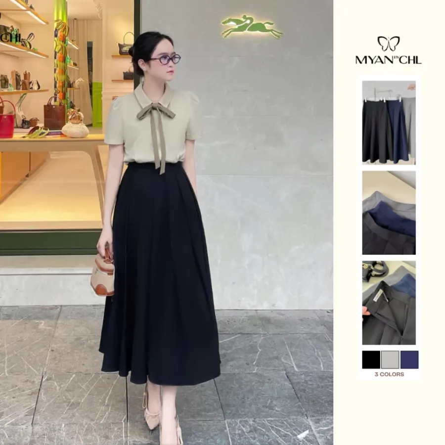 Long Skirt with Wide Pleats in Black