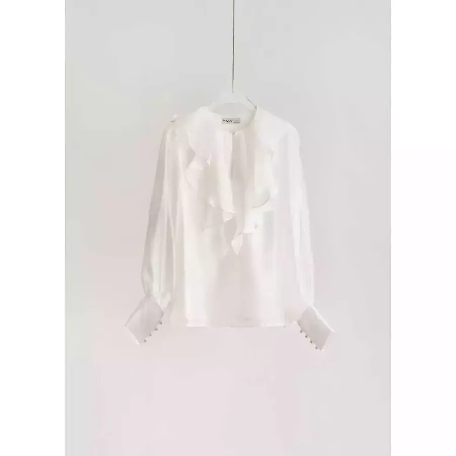 Ruffle-Trim Shirt with Puff Sleeves in White