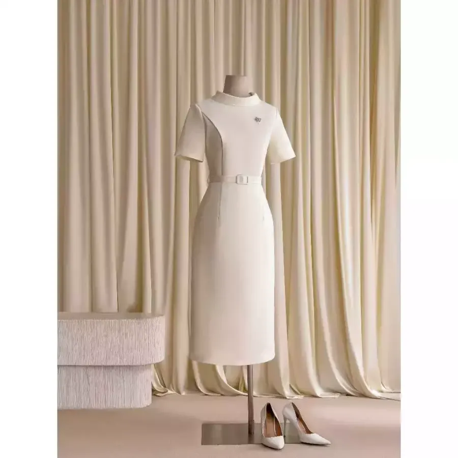 Long Lapel-Collar Dress with Detachable Belt in Cream