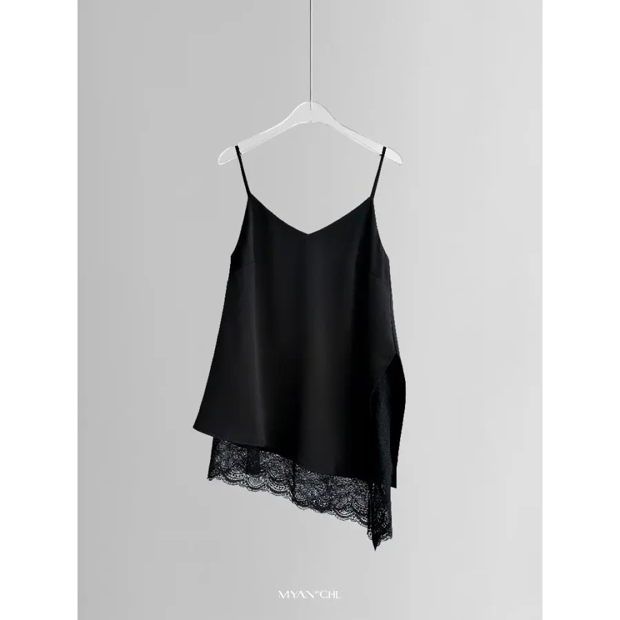 Silk 2-Strap Shirt With Lace Hem in Black