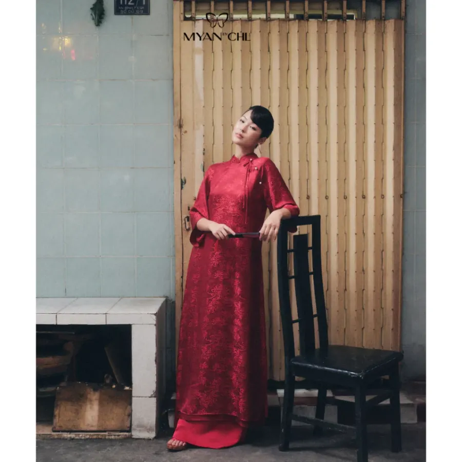 Green and Blush Silk Ao Dai in Red