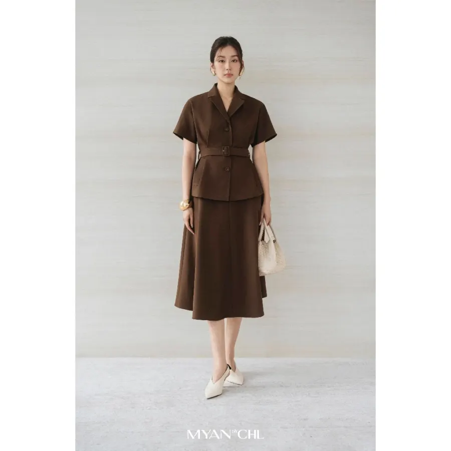 Khaki Midi Flared Skirt in Brown