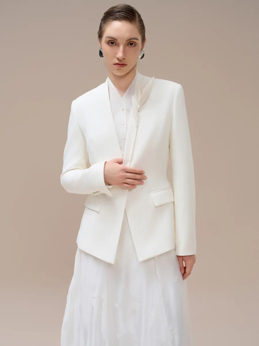 Hazel Single-Breasted Collarless Blazer in White — original WHITE ANT photograph