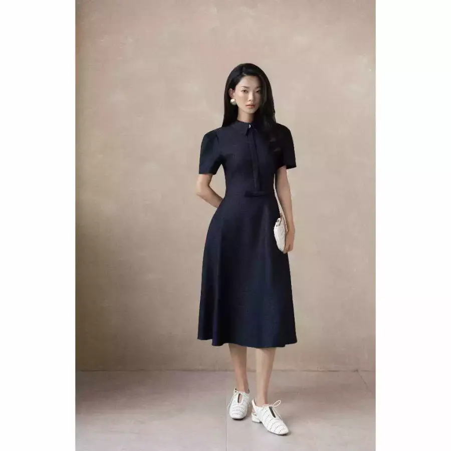 Long Faux-Denim Dress with Bow Belt and Short Sleeves in Blue