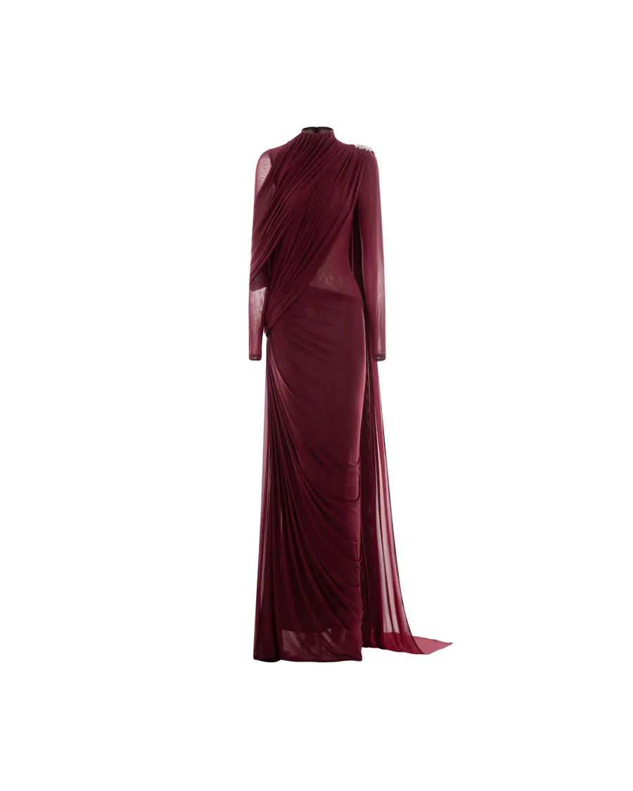High-Neck Draped Pleated Dress With Asymmetric Ruched Long Drape — original MOLLYNISTA photograph 1