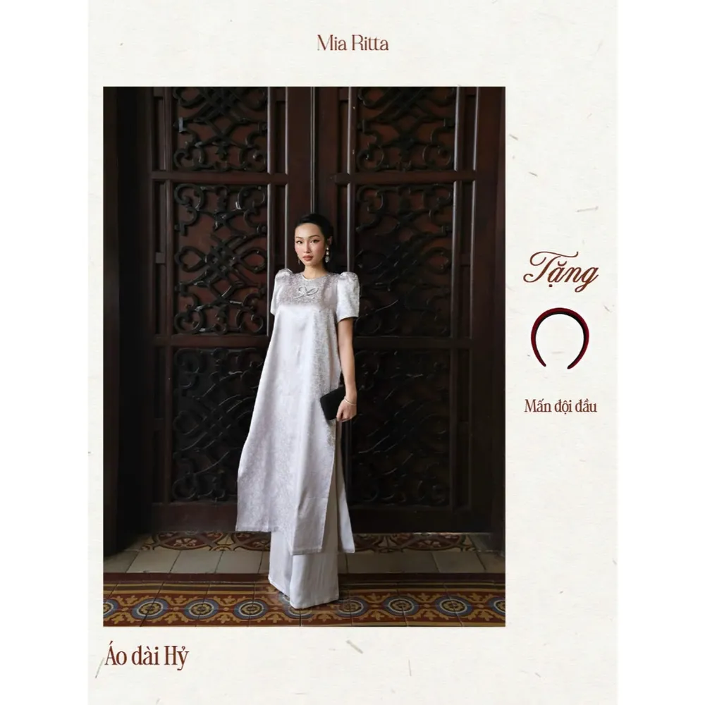 Hy Ao Dai Set Ad01 - Stylish Ao Dai with Puff Sleeves and Bow Tie - Short-Sleeved Round Neck Ao Dai Set — original MIARITTA photograph 6