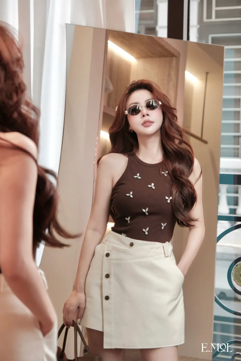 Khaki Short Skirt with 4 Button Bias Flap — original E.MOL photograph 1