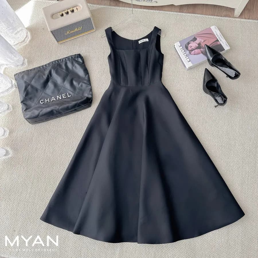 Square-Neck Flared Taffeta Dress in Black