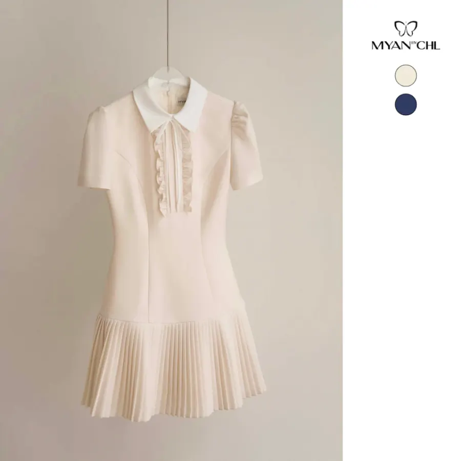 Short-Sleeve Dress with Finely Pleated Fishtail Hem in Cream