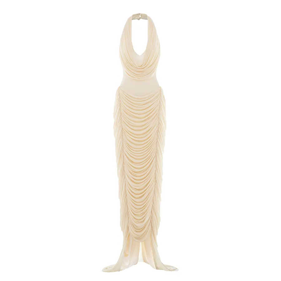 Draped Halter Mermaid Mesh Dress — original MOLLYNISTA photograph 1