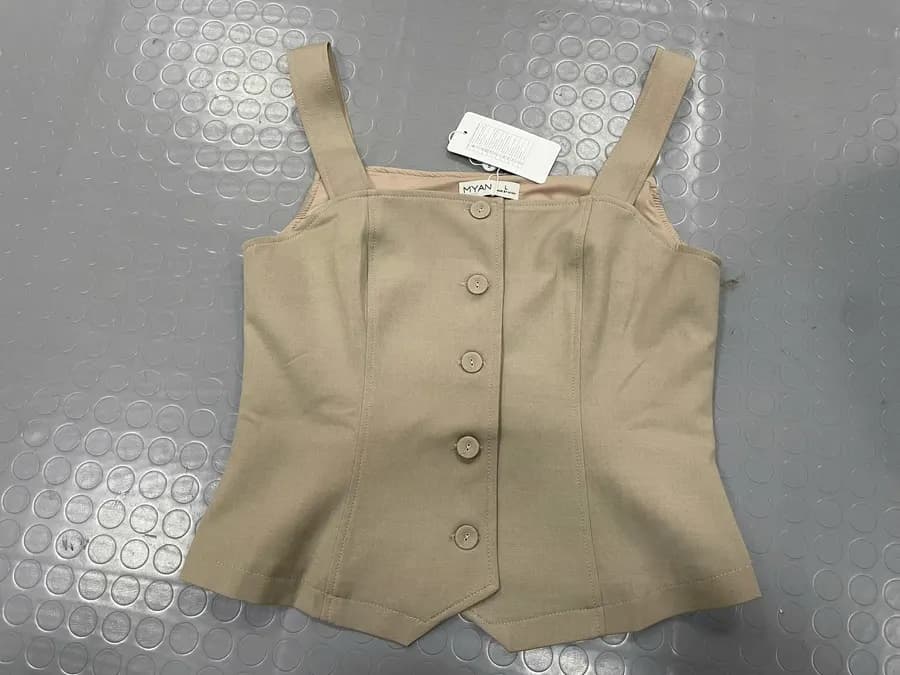 Fitted Waistcoat with Covered Buttons in Brown
