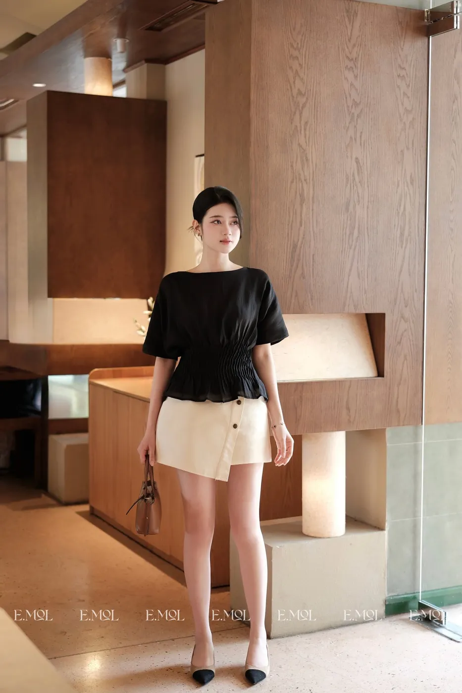 Batwing Silk Shirt with Pleated Waist — original E.MOL photograph 1