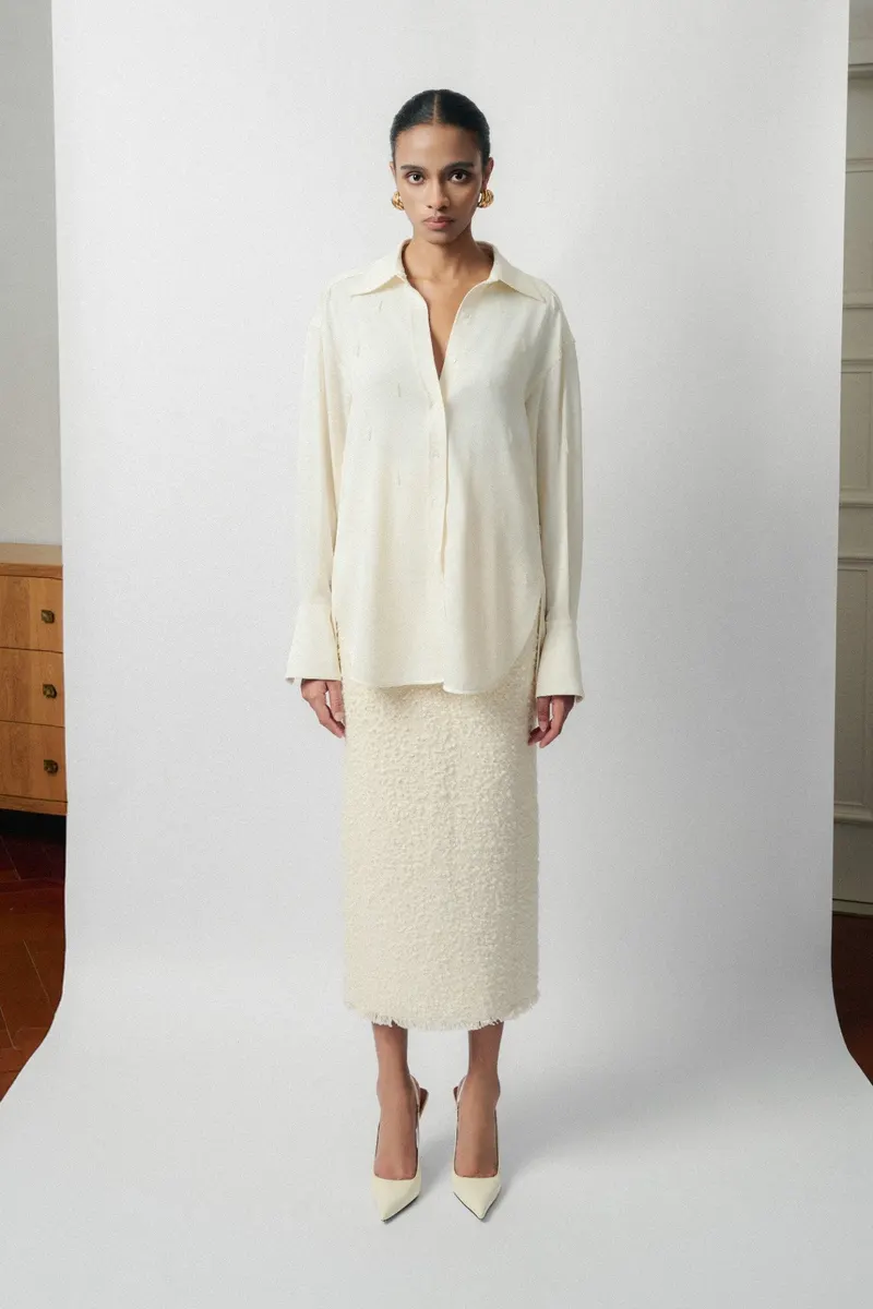 Pina Emb Silk Crepe Blouse in White — original WHITE ANT photograph
