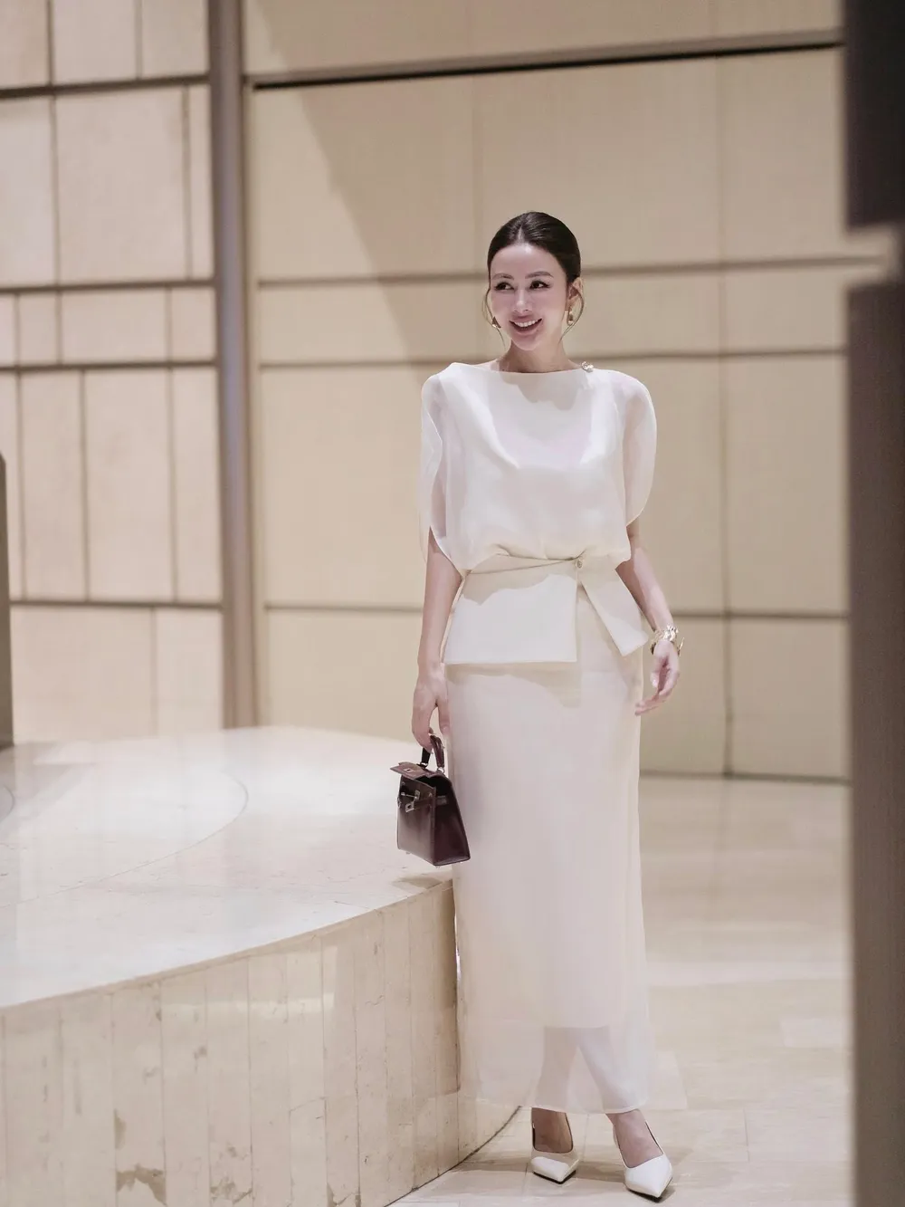 Set Of Off-The-Shoulder Silk Shirt Mixed with Slit-Waist Skirt — original E.MOL photograph 1