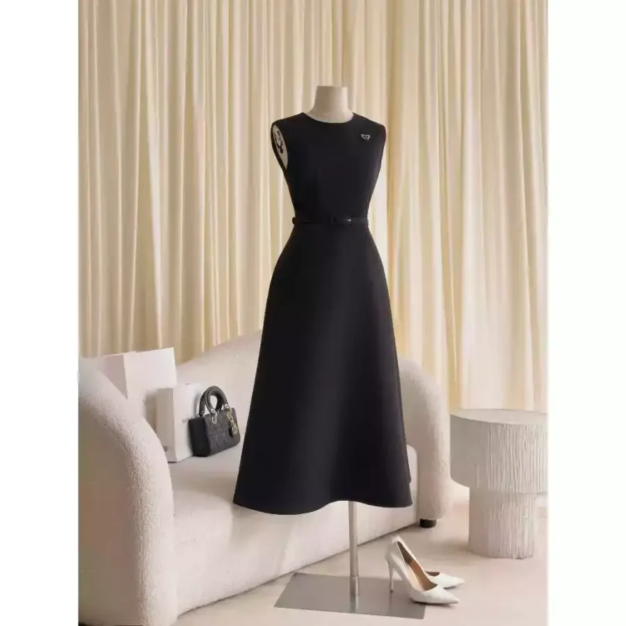 Long Sleeveless Dress with Detachable Belt in Black