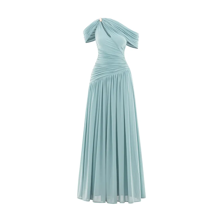 Draped Off-Shoulder Mesh Dress in Blue