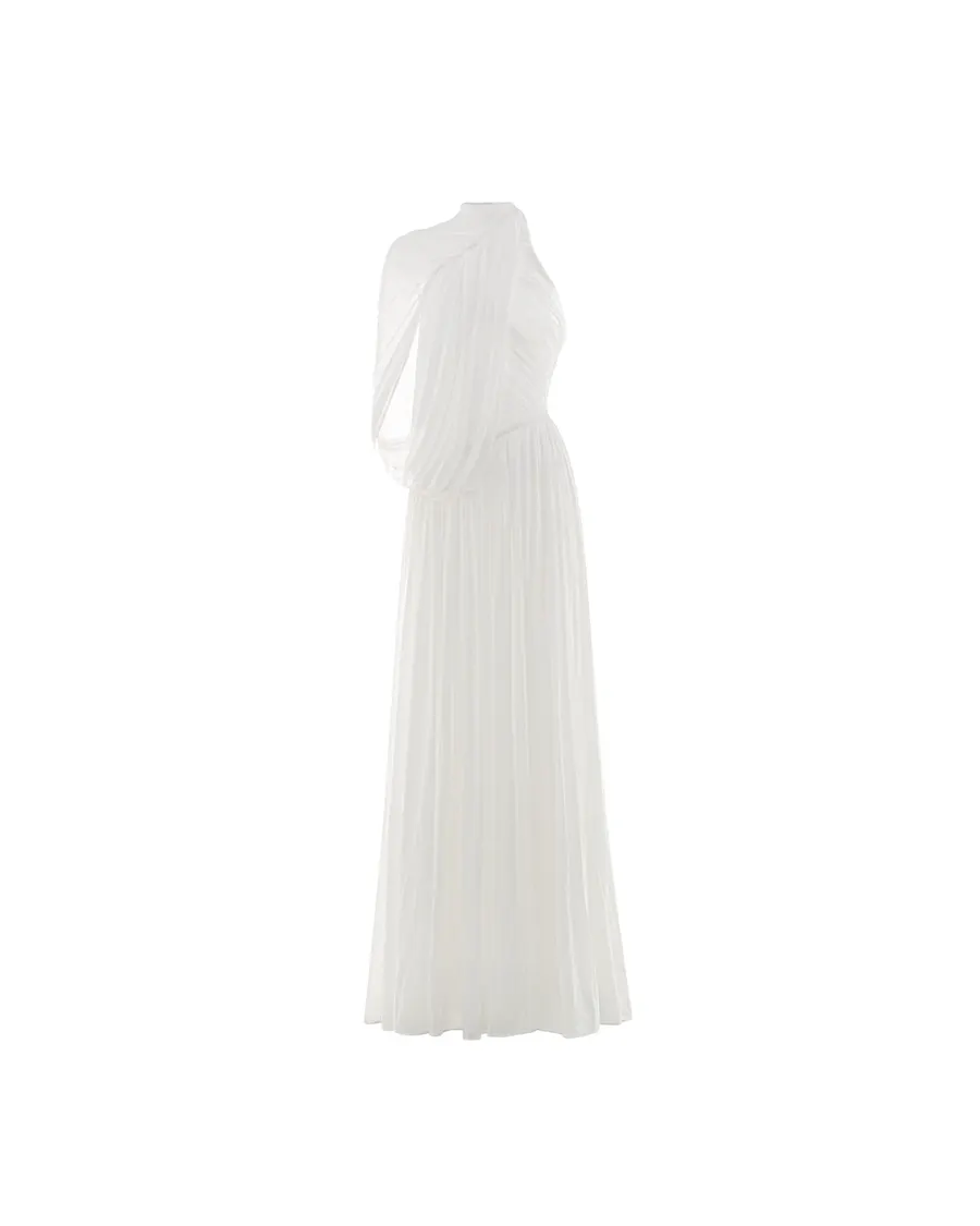 One-Shoulder Cape Ruched Flared Dress — original MOLLYNISTA photograph 1