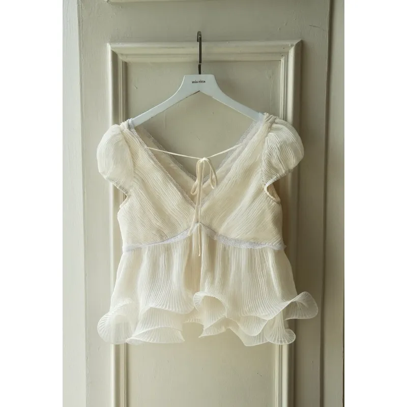 (Separate Set) Stefani Set -Sleeve Pleated Silk Blouse T0009 and Lace Pleated Silk Maxi Skirt B0007 — original MIARITTA photograph 6