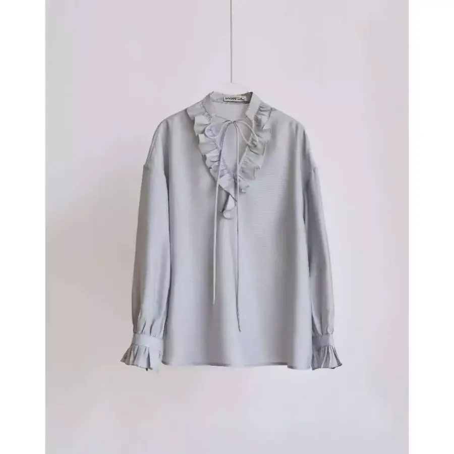 Ruffle-Collar Long-Sleeve Shirt in Blue