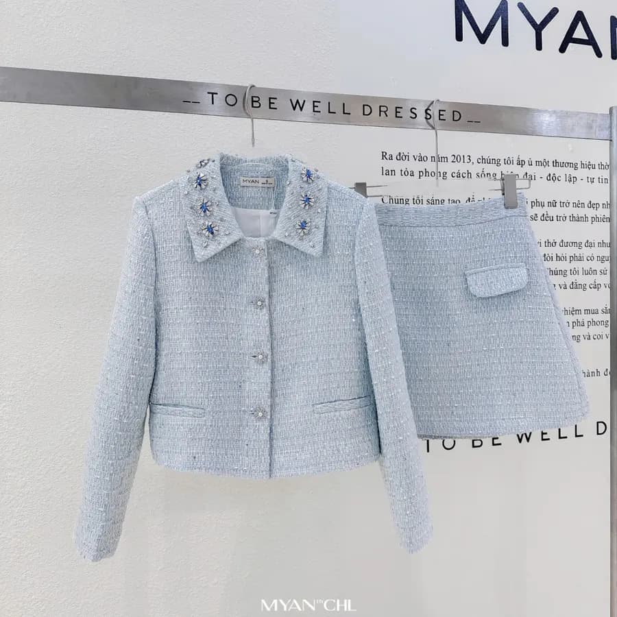 Rhinestone-Embellished Tweed Jacket in Blue