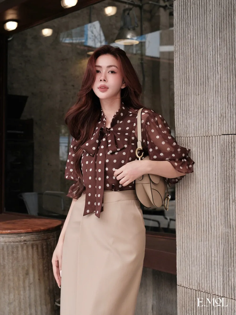 Big Polka Dot Silk Shirt with Bow Tie At The Neck — original E.MOL photograph 1